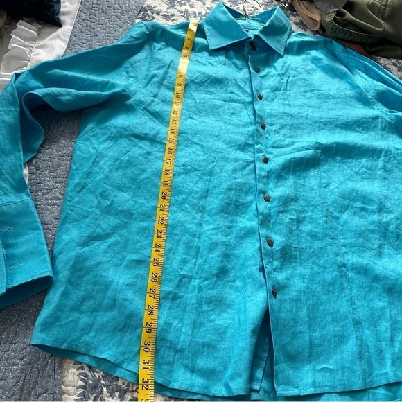 Wedding Tropics Shirt Linen Button Down Teal French Cuff Cobalt Blue Size 4X - Picture 9 of 10